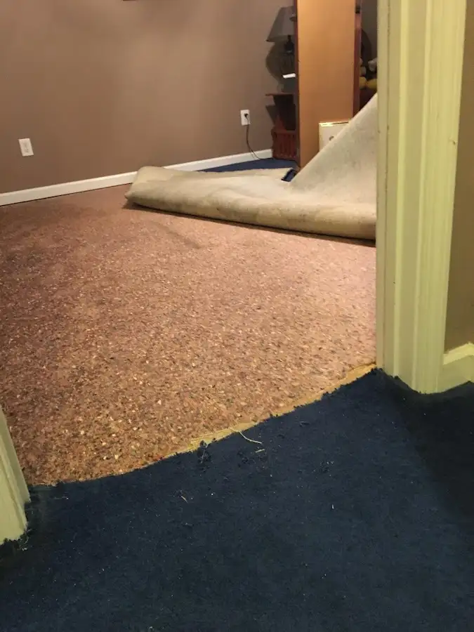 Carpet pad removal revealing water damage during Drying & Dehumidification in Waterford
